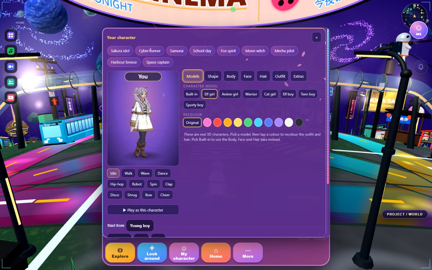 The character picker with models, colours and dance moves.
