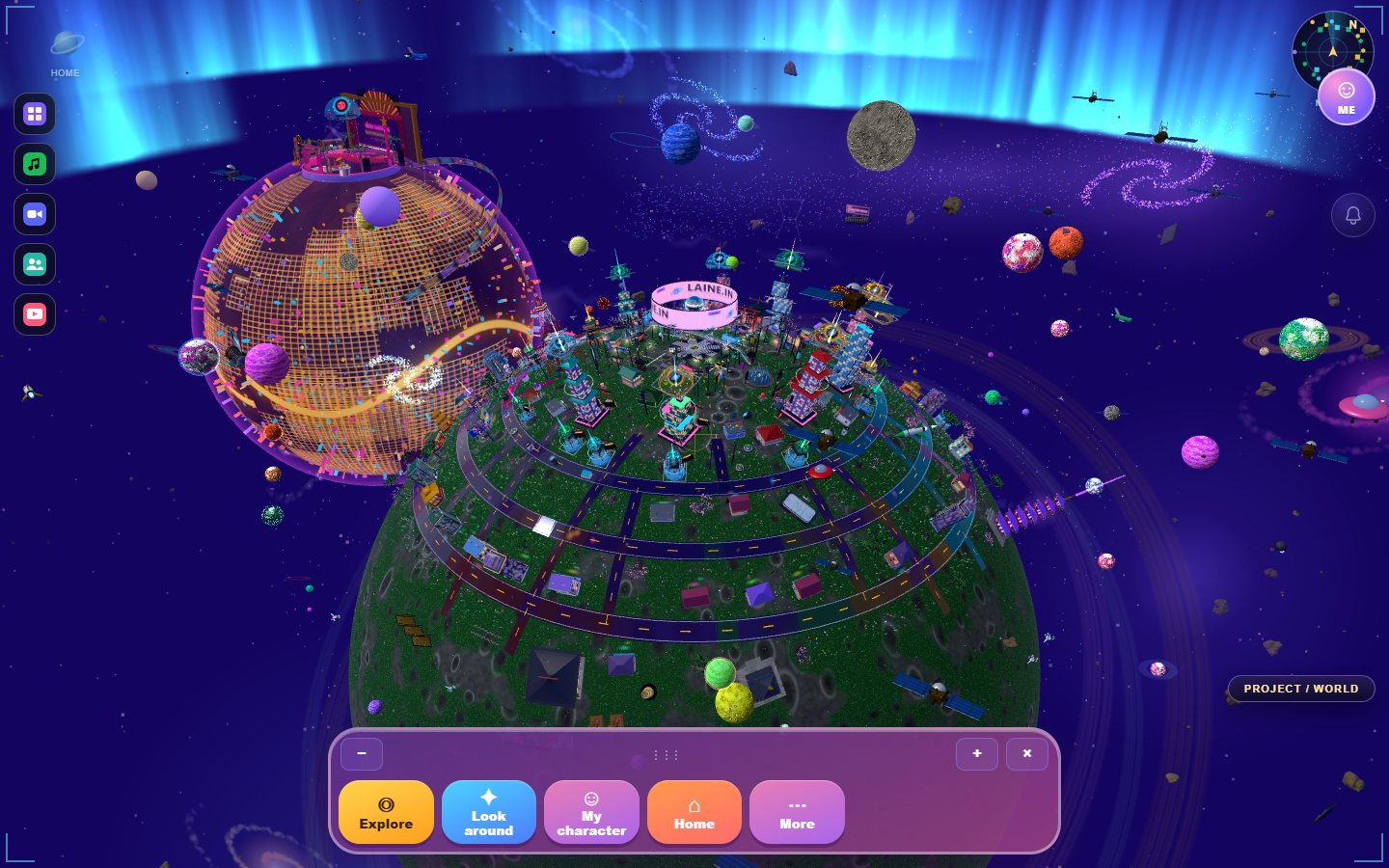 The Mindless planet from above: a glowing city with ring roads, towers and floating planets.